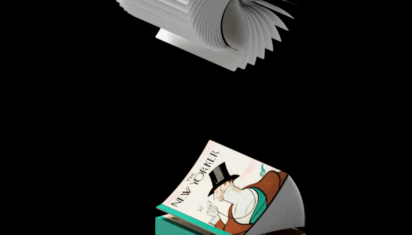 Animation of The New Yorker Centenary issue floating in the air
