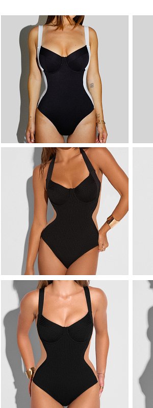 Black one-piece swimsuit with white straps, black ribbed one-piece swimsuit, black one-piece swimsuit with wide straps.
