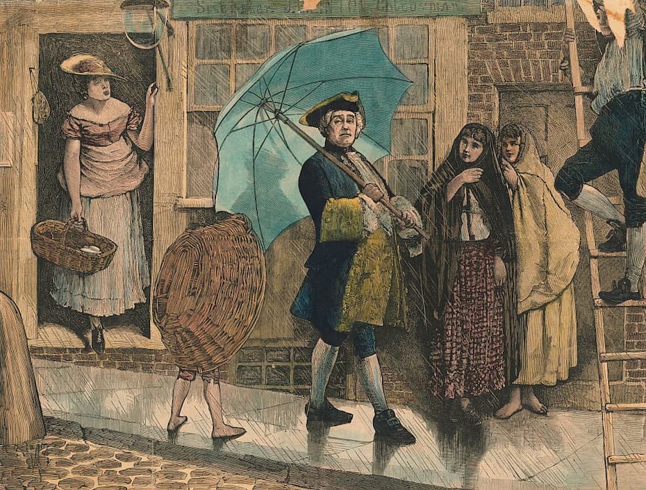 Jonas Hanway walking into the rain with an umbrella.