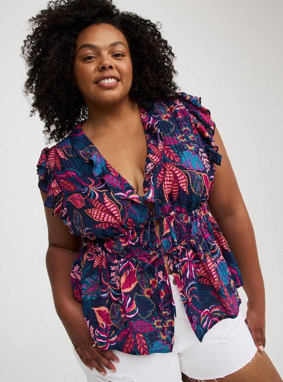 Ruffle V-Neck Tie Front Blouse