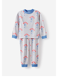 Children's grey pajama set with red and blue floral pattern and blue ribbed cuffs