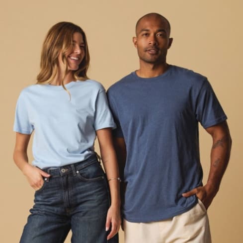 Young couple wearing blank Cotton Heritage t-shirts
