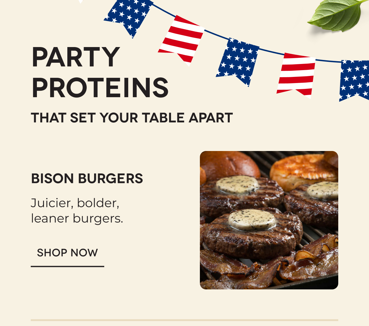 PARTY PROTEINS That Set Your Table Apart | Bison Burgers Juicier, bolder, leaner burgers. Shop now 