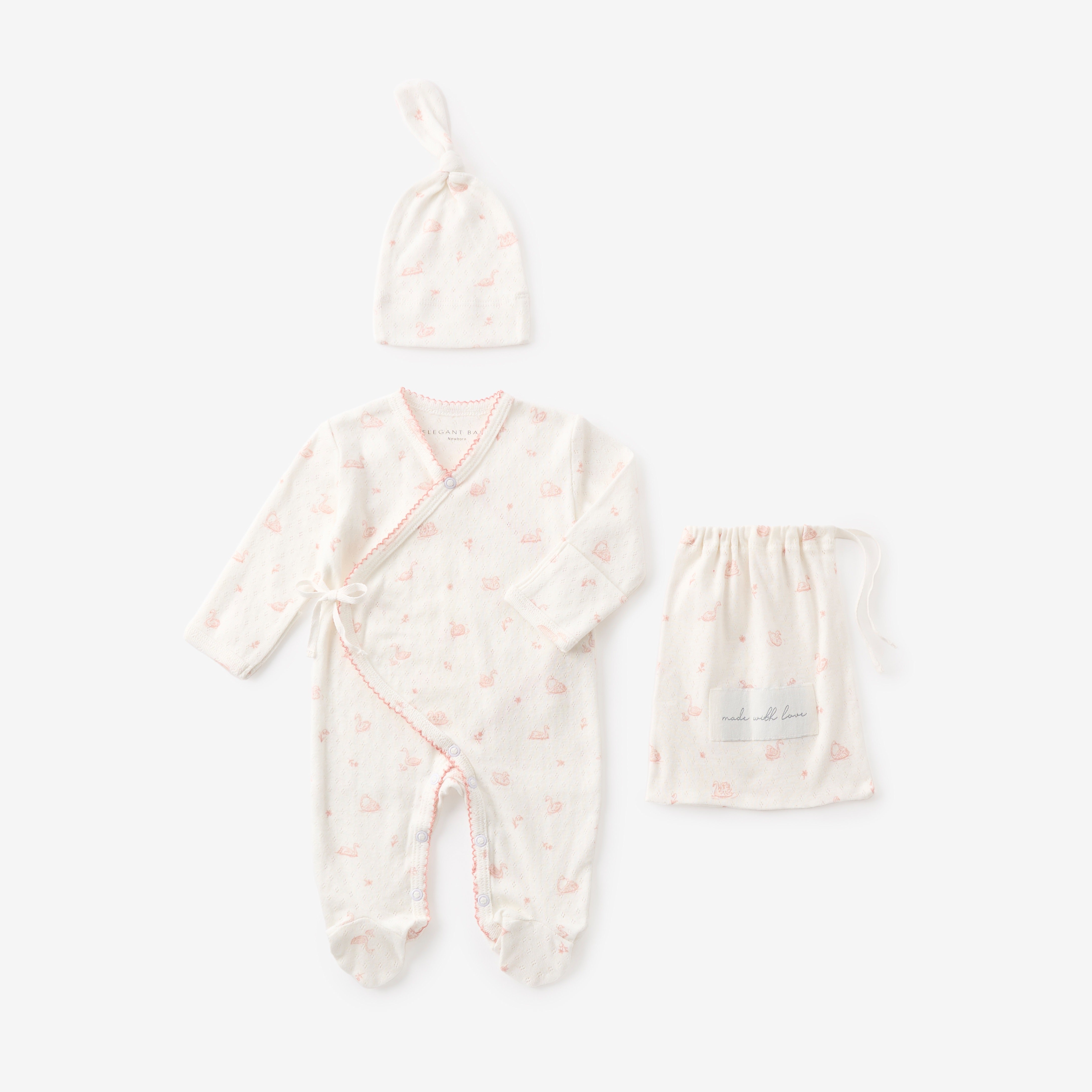 Image of Pink Swan Print Organic Cotton Pointelle Layette 2 Pc Gift Set
