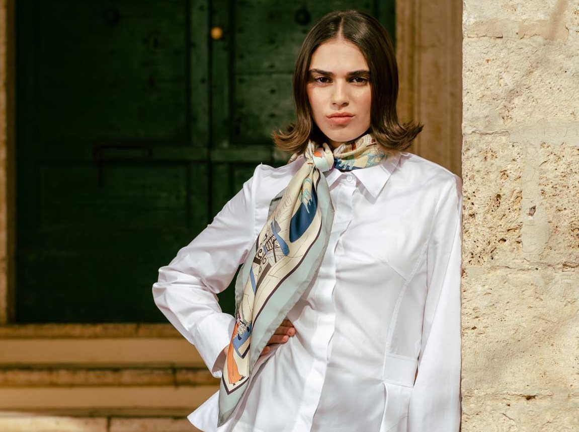 Parisian motif aqua and tan silk scarf