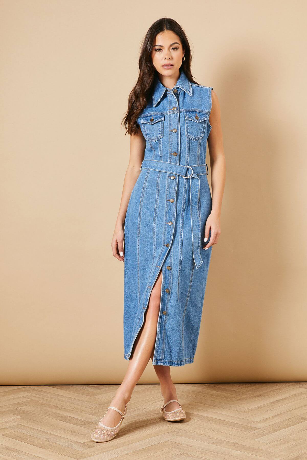 Belted Waist Pocket Detail Midi Dress