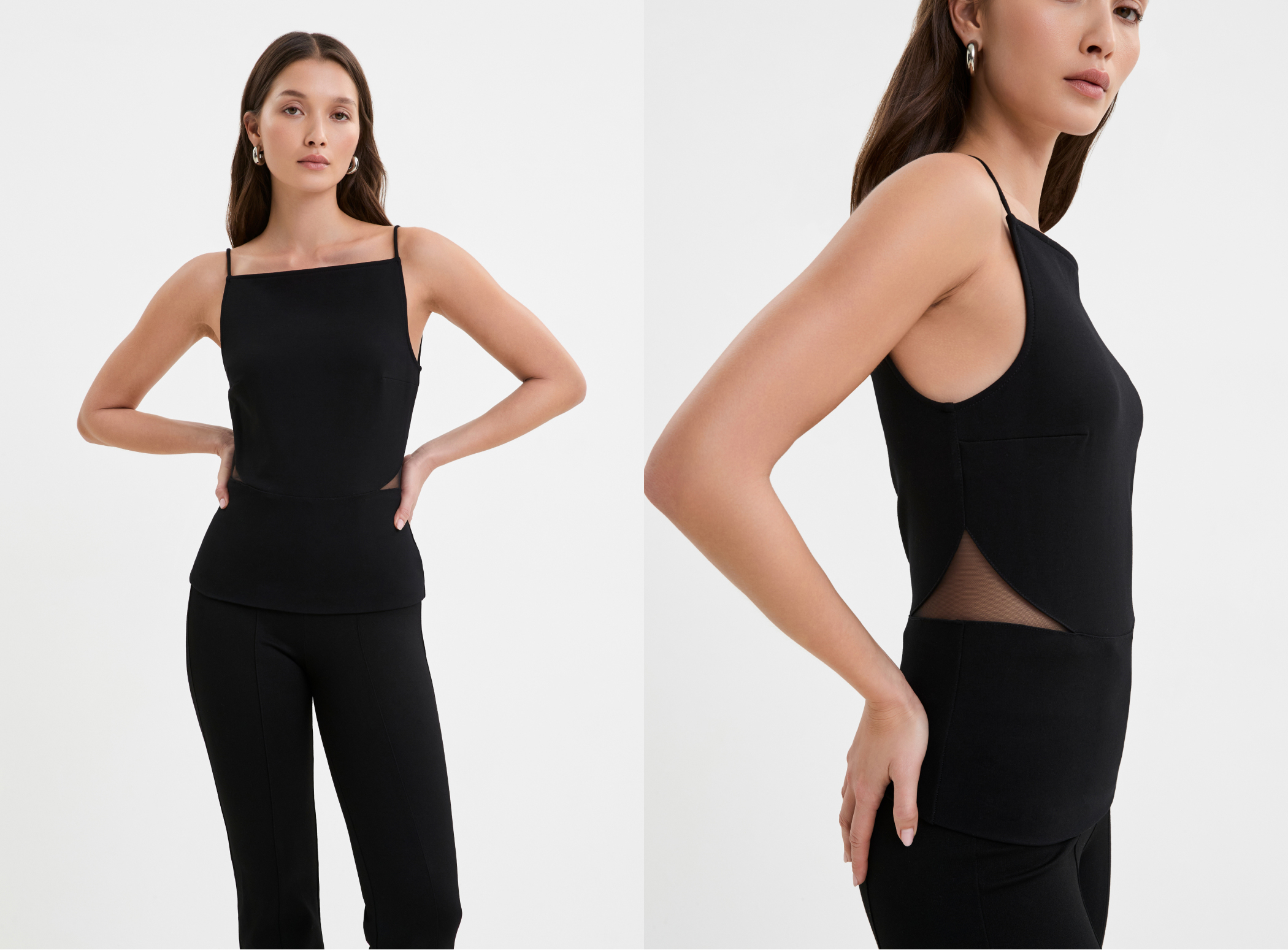 Front and side views of The Paola Top featuring side cutout mesh panels.
