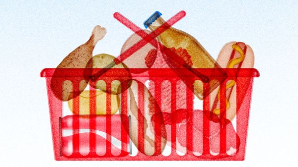 Illustration of a shopping basket full of ingredients needed for a barbecue