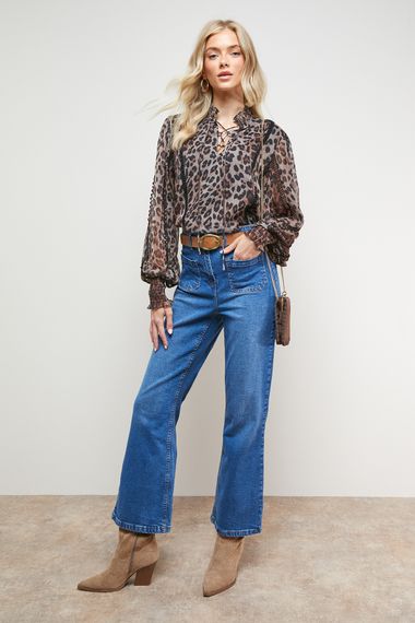 Printed Tie Neck Ruffle Detail Chiffon Blouse