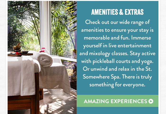 Amenities & Extras - Check out our wide range of amenities to ensure your stay is memorable and fun. Immerse yourself in live entertainment and mixology classes. Stay active with pickleball courts and yoga. Or unwind and relax in the St. Somewhere Spa. There is truly something for everyone. - Amazing Experiences