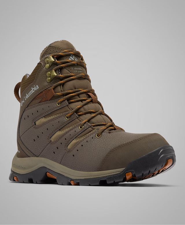 A olive green winter boot.