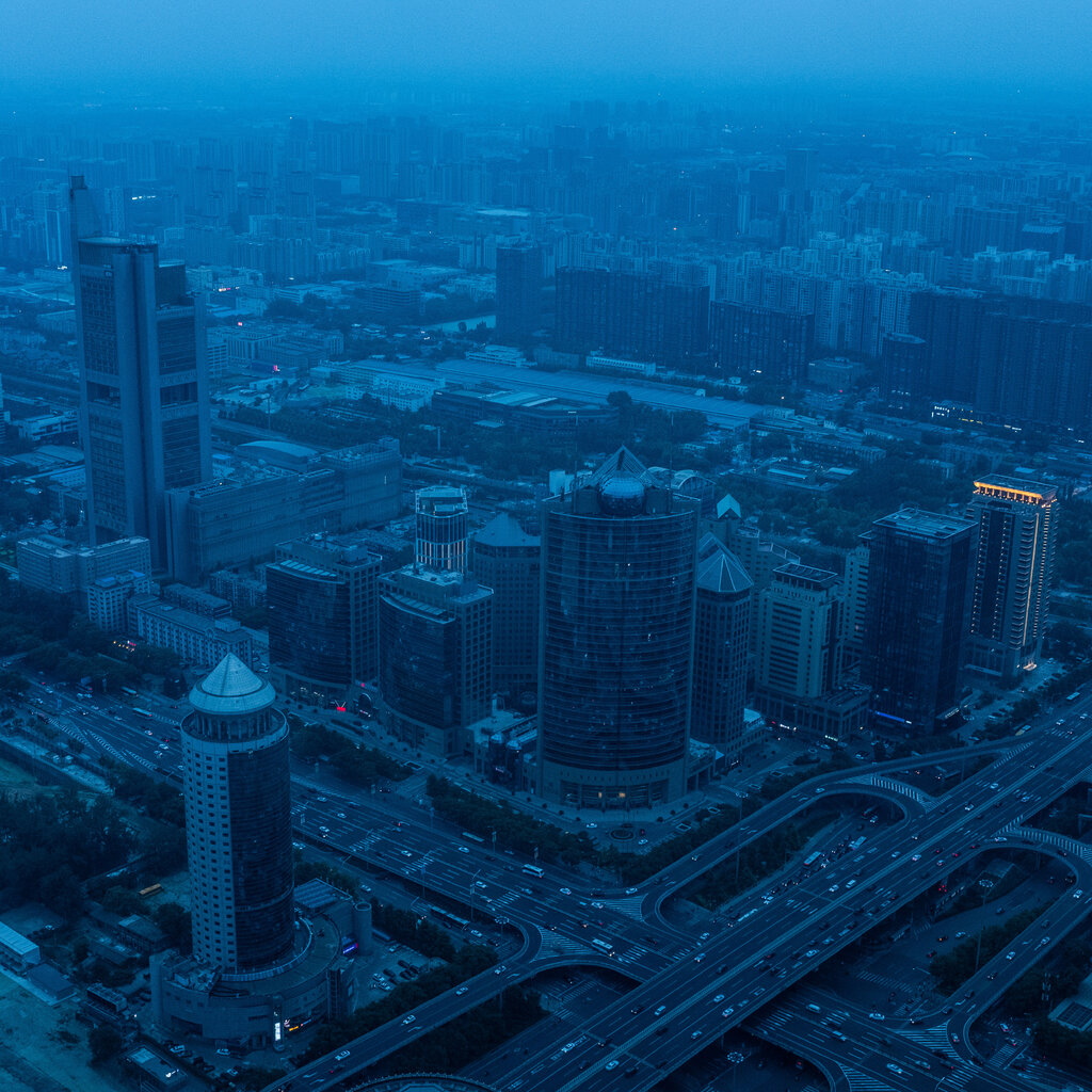 Buildings and streets in Beijing in half-light.