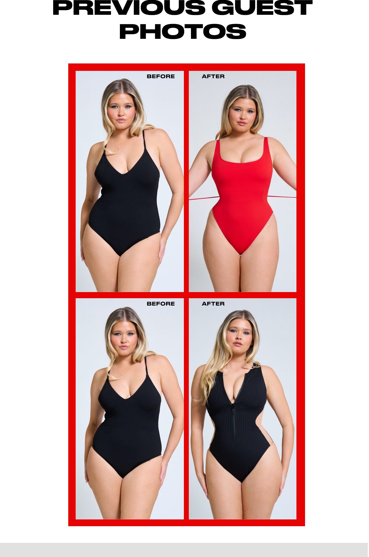 Before and after photos of a model in swimsuits, showcasing two different styles.