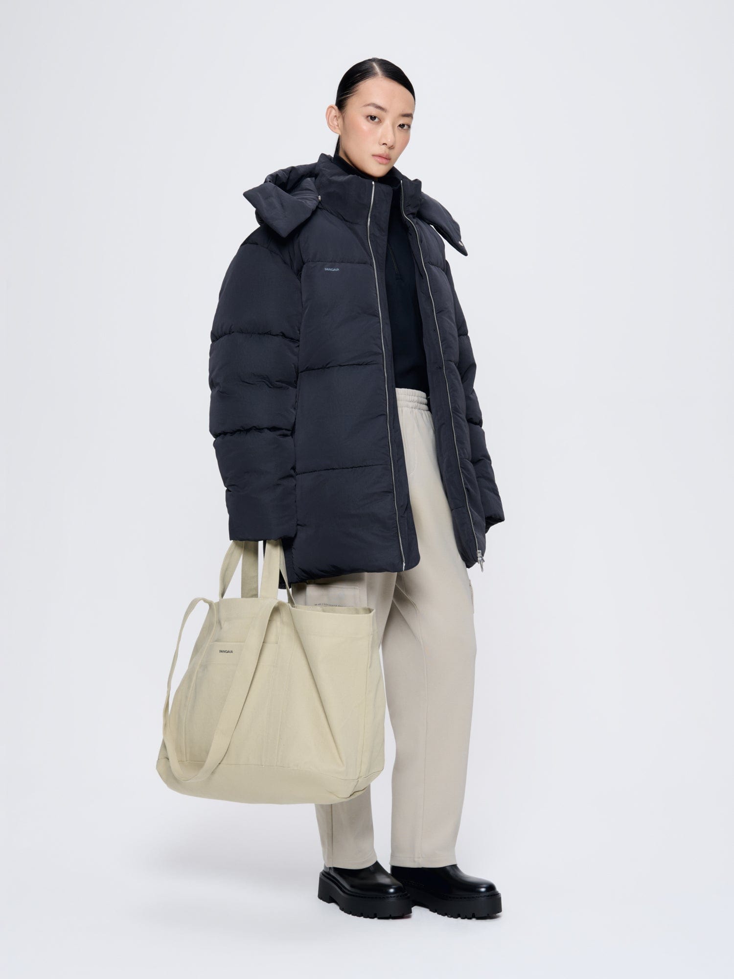 Image of Womens Flower-Warmth Recycled Nylon Long Puffer—black