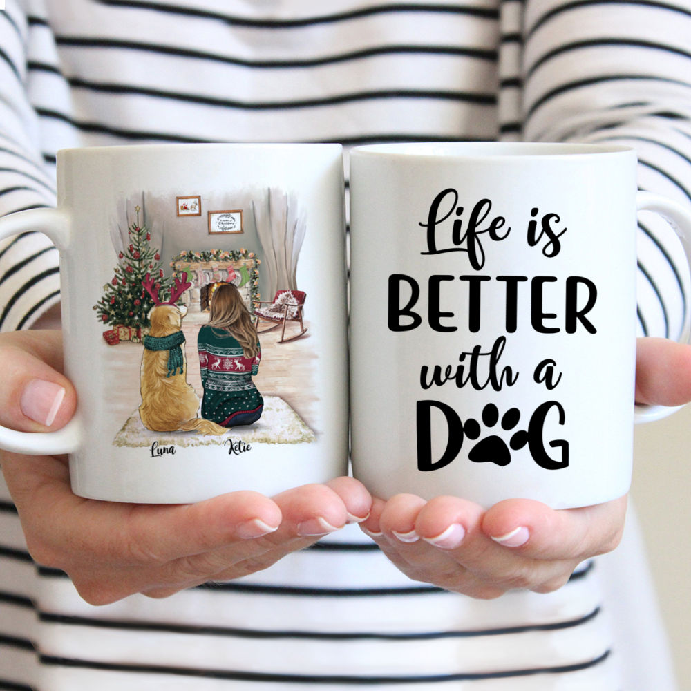 Image of Personalized Mug - Girl And Dogs Christmas - Life Is Better With Dogs