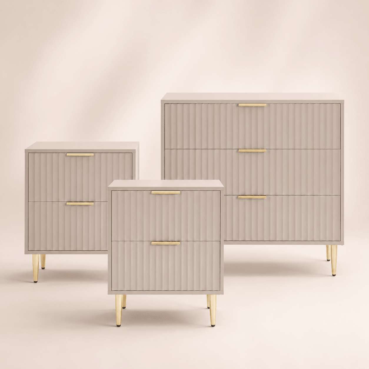 Evie 3 Piece Bundle - 2 Bedside Tables and Small Chest - Taupe