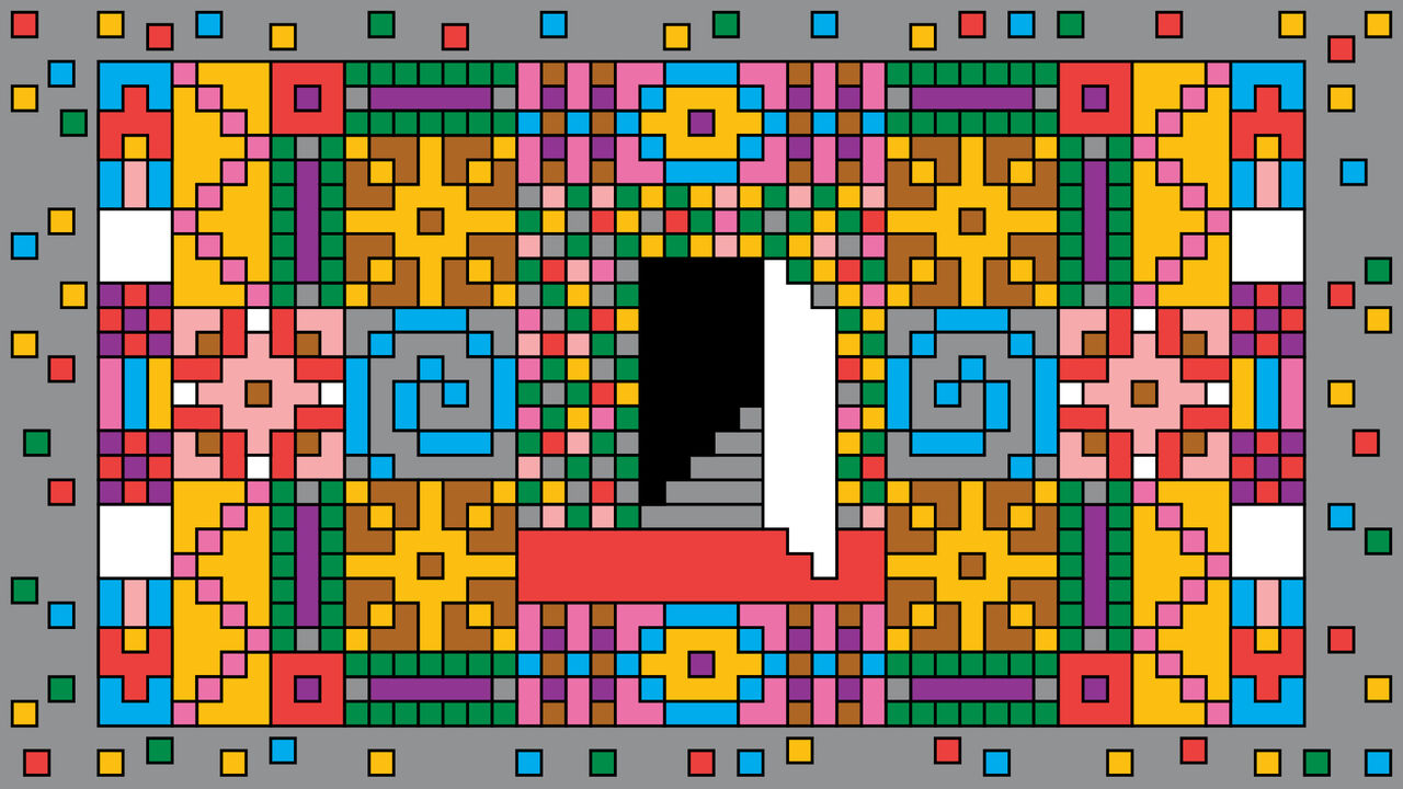 A symmetrical pixel-art wall of bright geometric patterns surrounds a central doorway, where a short stairway descends into darkness