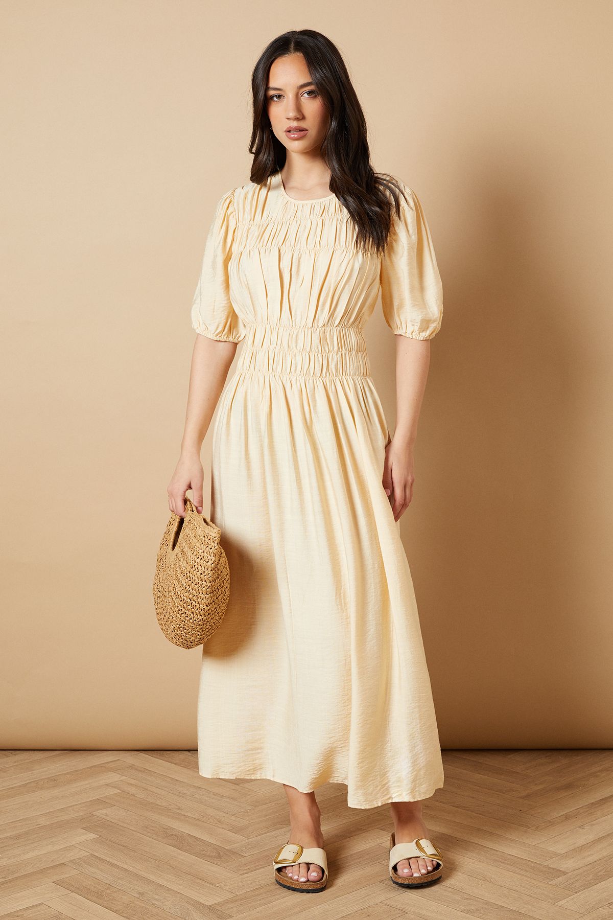 Shirred Bodice Puff Sleeve Midi Dress