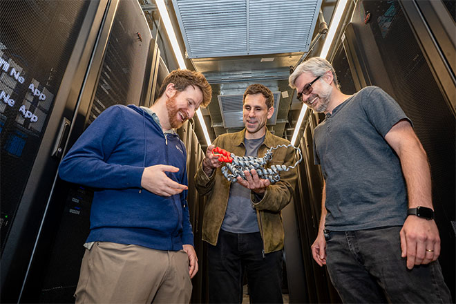 (From left) Co-authors Jacob R. Gardner, César de la Fuente and Marcelo Torres, holding a 3D-printed example of the kind of antibiotic peptide they generated using AI. (Image: Sylvia Zhang)