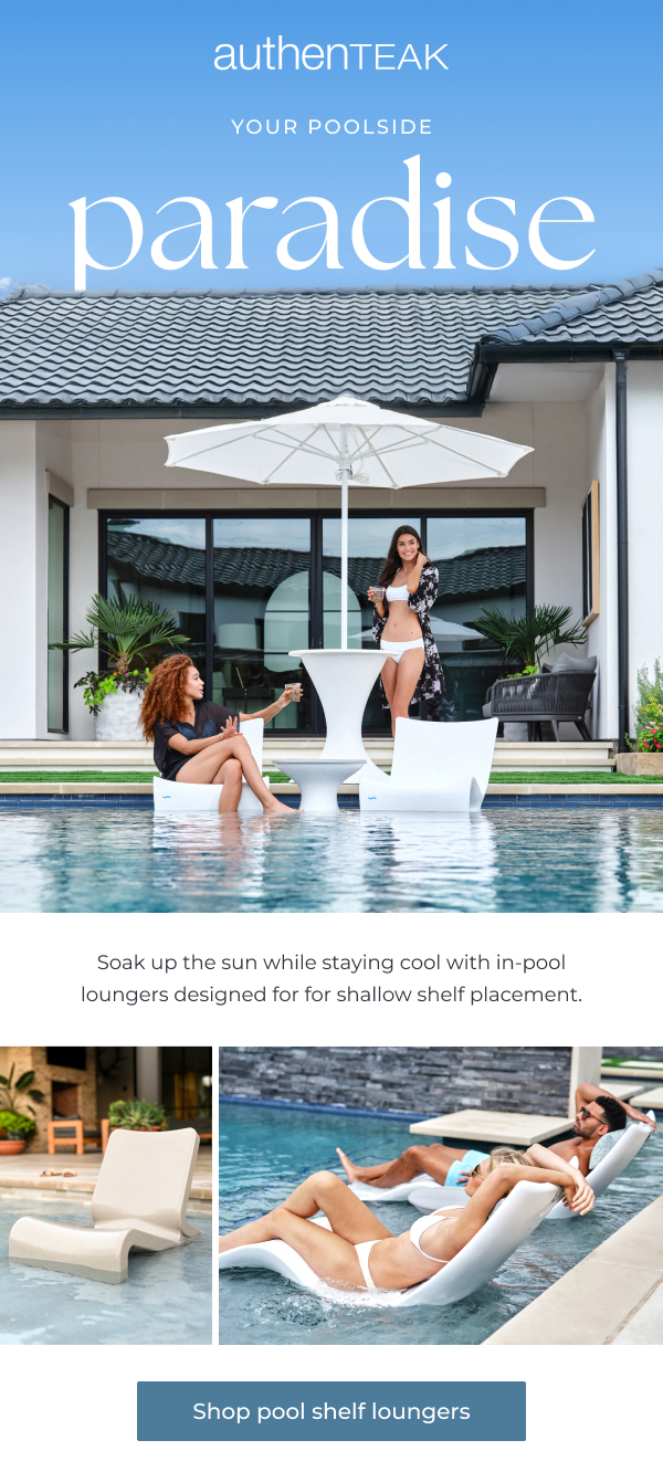Shop quick ship in-pool loungers image featuring two people relaxing on white pool shelf chaise lounges with drinks beside a modern backyard pool.