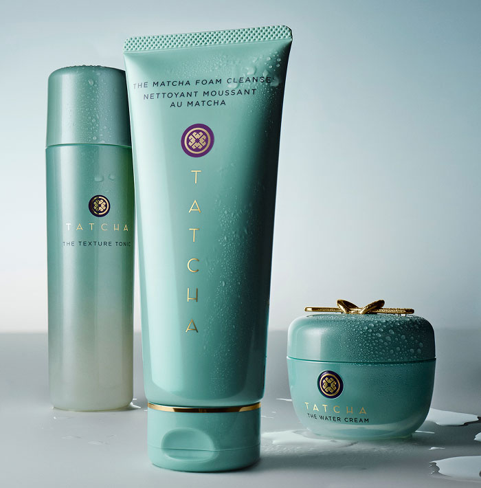 The Oil-Balancing Ritual from Tatcha, including the Texture Tonic, the Matcha Foam Cleanse, and the Water Cream, all part of the Clarifying Collection.