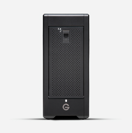 Black rectangular external hard drive enclosure with a perforated front panel.