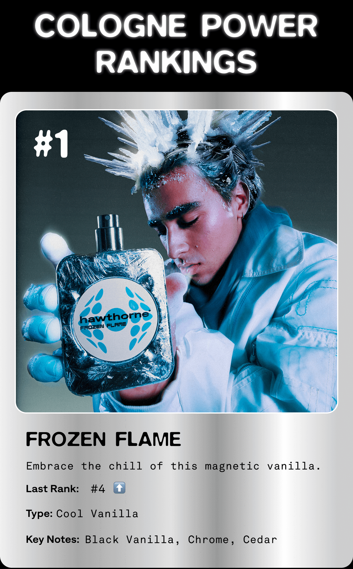 COLOGNE POWER RANKINGS FROZEN FLAME Embrace the chill of this magnetic vanilla. Last rank: #4 Type: Cool Vanilla Key Notes: Black Vanilla, Chrome, Cedar