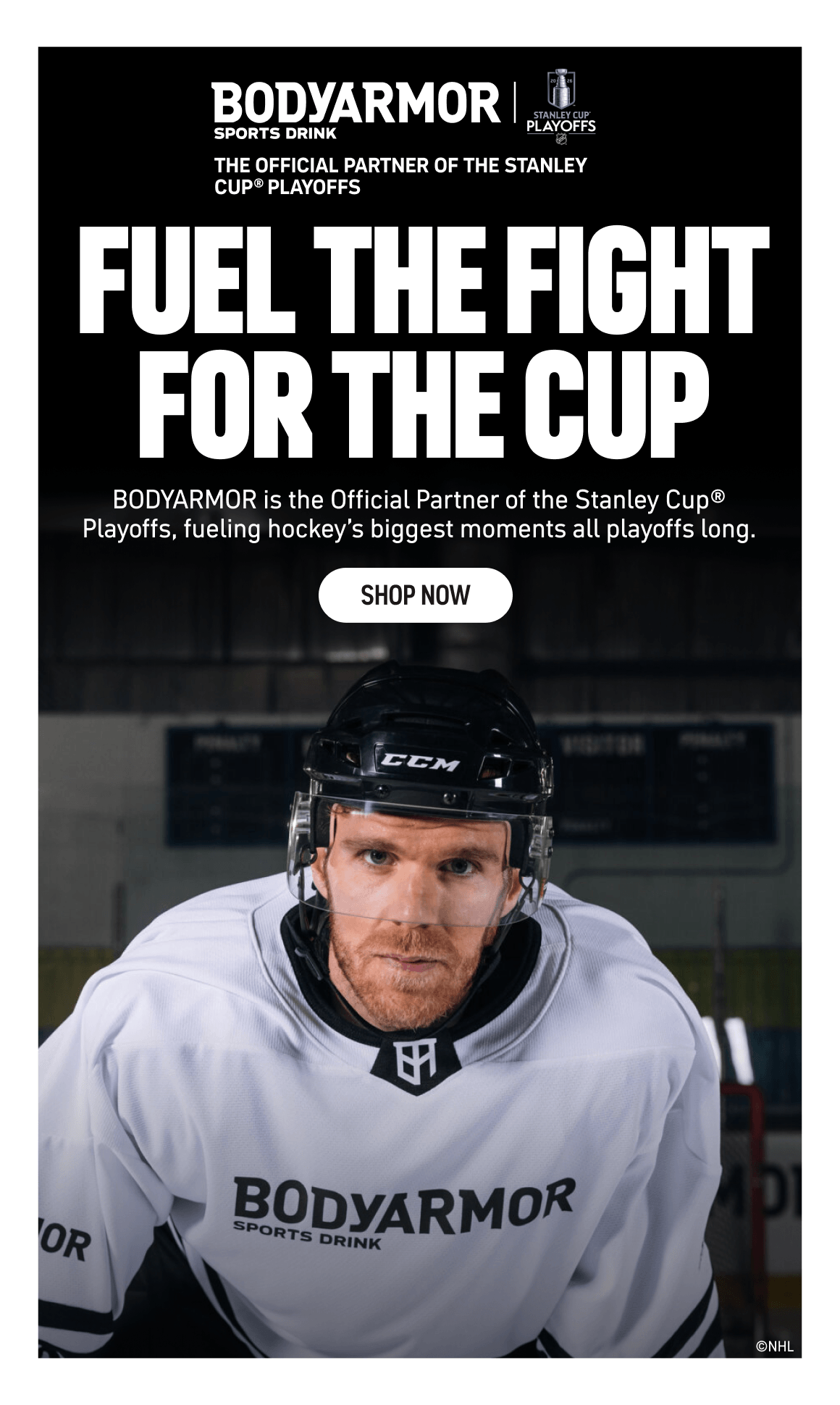 Hockey player in BODYARMOR gear on the ice promoting BODYARMOR as the official partner of the Stanley Cup Playoffs.