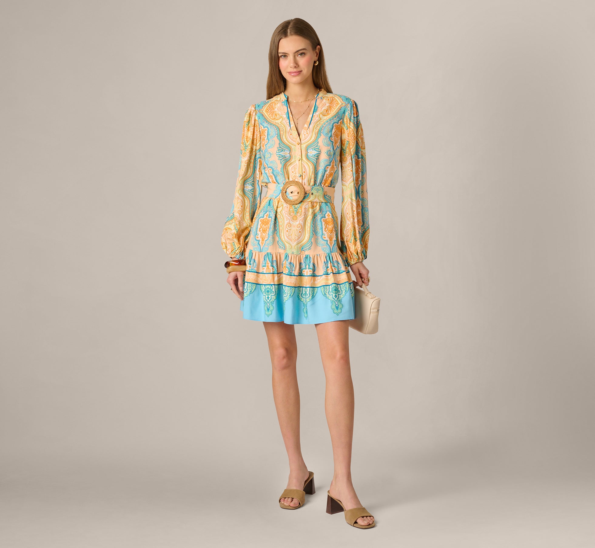 Image of Bishop Sleeve Paisley Print Belted Short Dress In Peach Multi