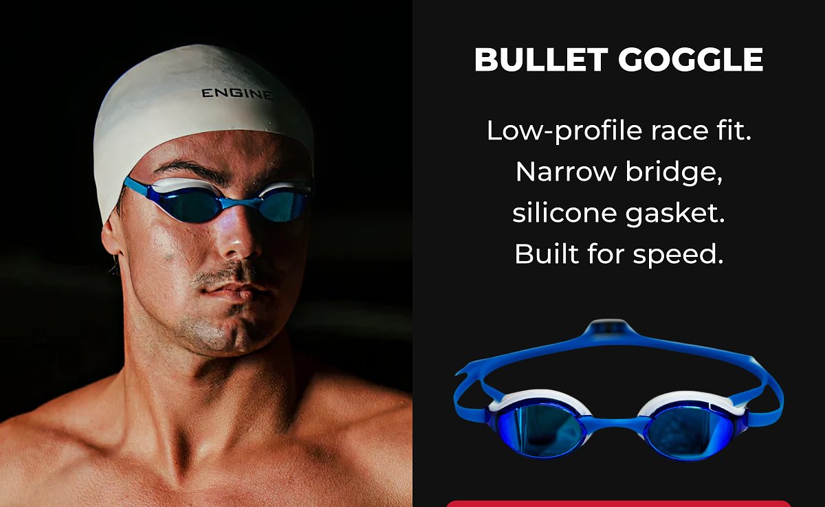 Bullet goggle features: low-profile race fit, narrow bridge, silicone gasket, built for speed.