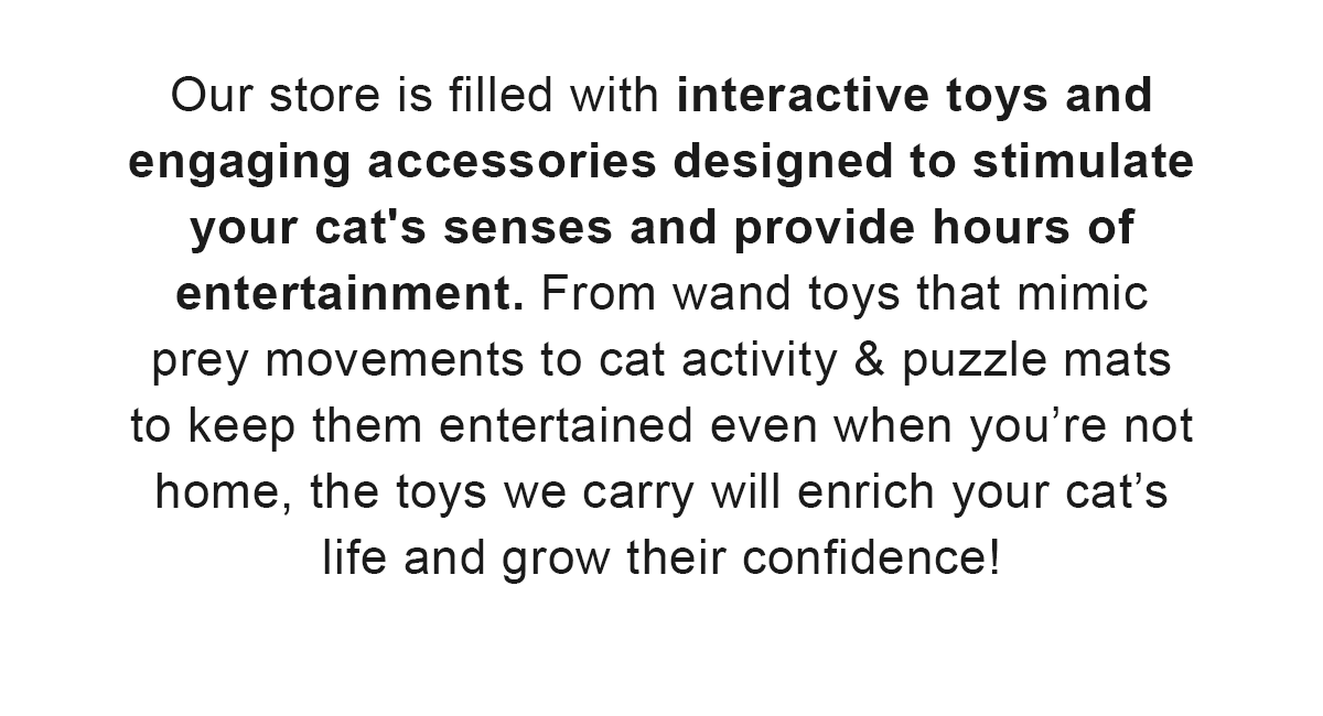 Our store is filled with interactive toys and engaging accessories designed to stimulate your cat's senses and provide hours of entertainment. From wand toys that mimic prey movements to cat activity & puzzle mats to keep them entertained even when you’re not home, the toys we carry will enrich your cat’s life and grow their confidence!