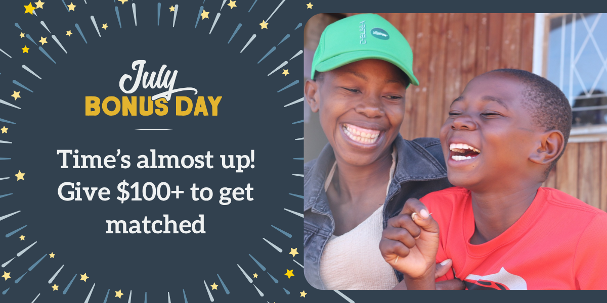 A white and yellow sunburst design with small stars fans out in a circle around text reading “July Bonus Day: Time’s almost up! Give $100+ to get matched”; an inset photo features a woman in a baseball cap and jean jacket laughing with a child in a red t-shirt.