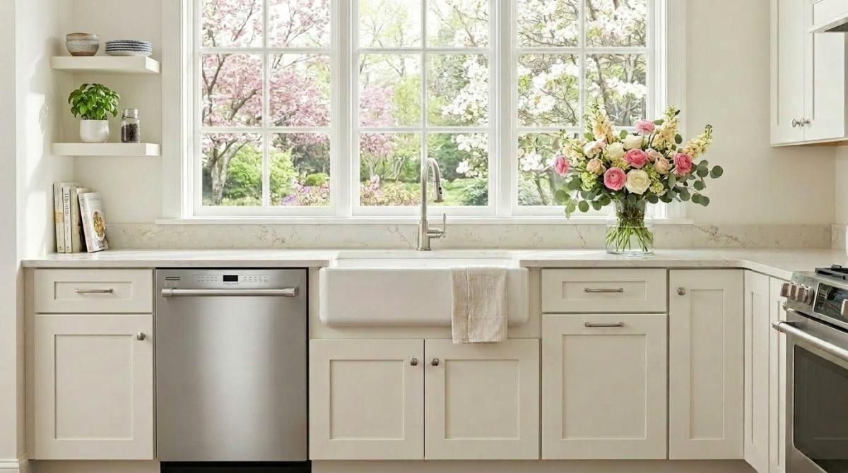 Bright kitchen with large window and flowers.