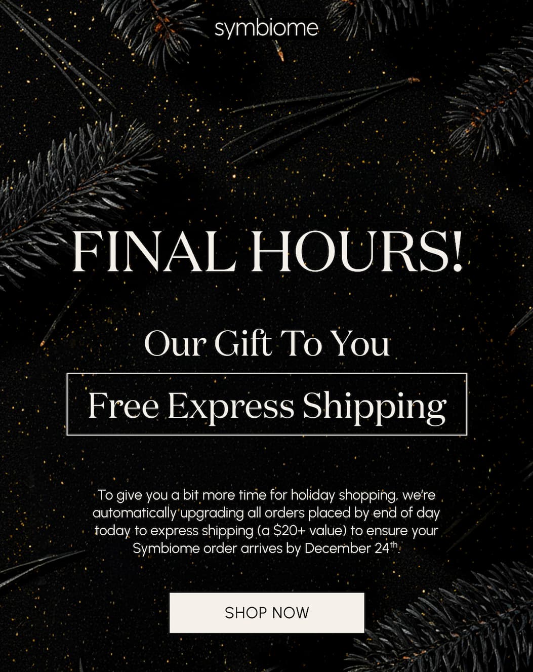 Time is of the Essence.   To ensure your Symbiome order arrives by December 24th with standard shipping (free on orders $75+), place your order by end of day Tuesday, December 18th.