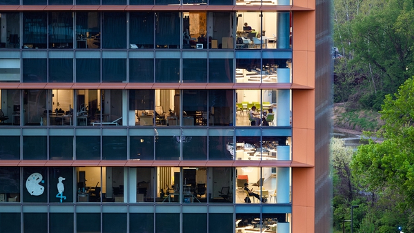 aerial photo of Iribe Center showing students studying through windows