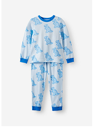 Blue and white dinosaur print children's pajama set with long sleeves and matching pants