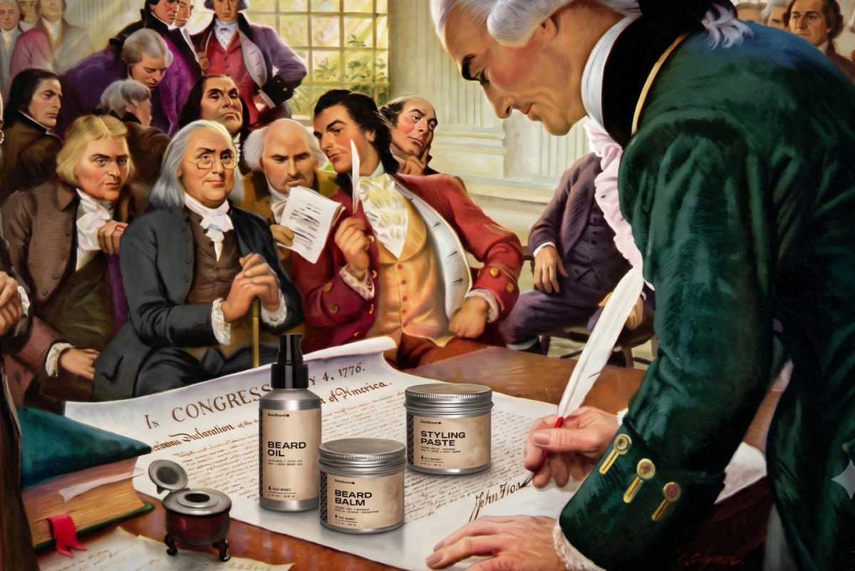 A recreation of the signing of the declaration of independence with beardbrand products on the desk