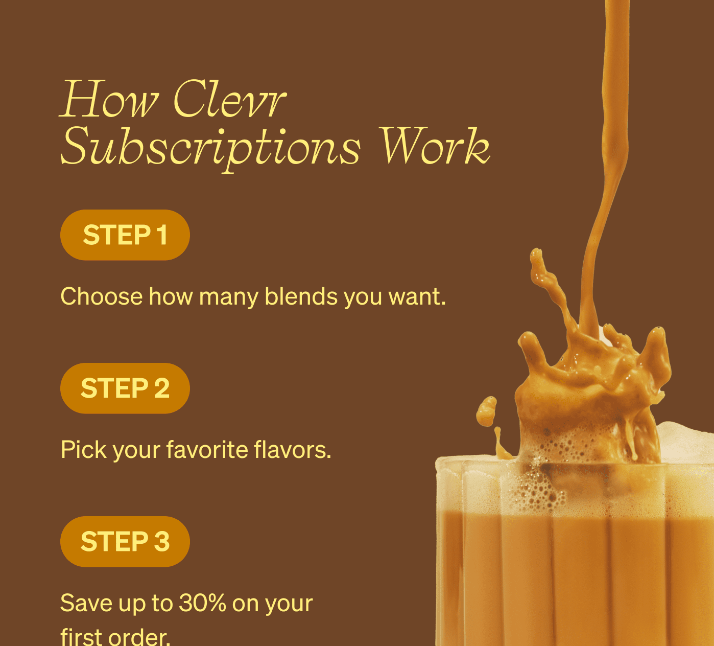 How Clevr subscriptions work step 1 Choose how many blends you want. step 2 Pick your favorite flavors. step 3 Save up to 30% on your first order.