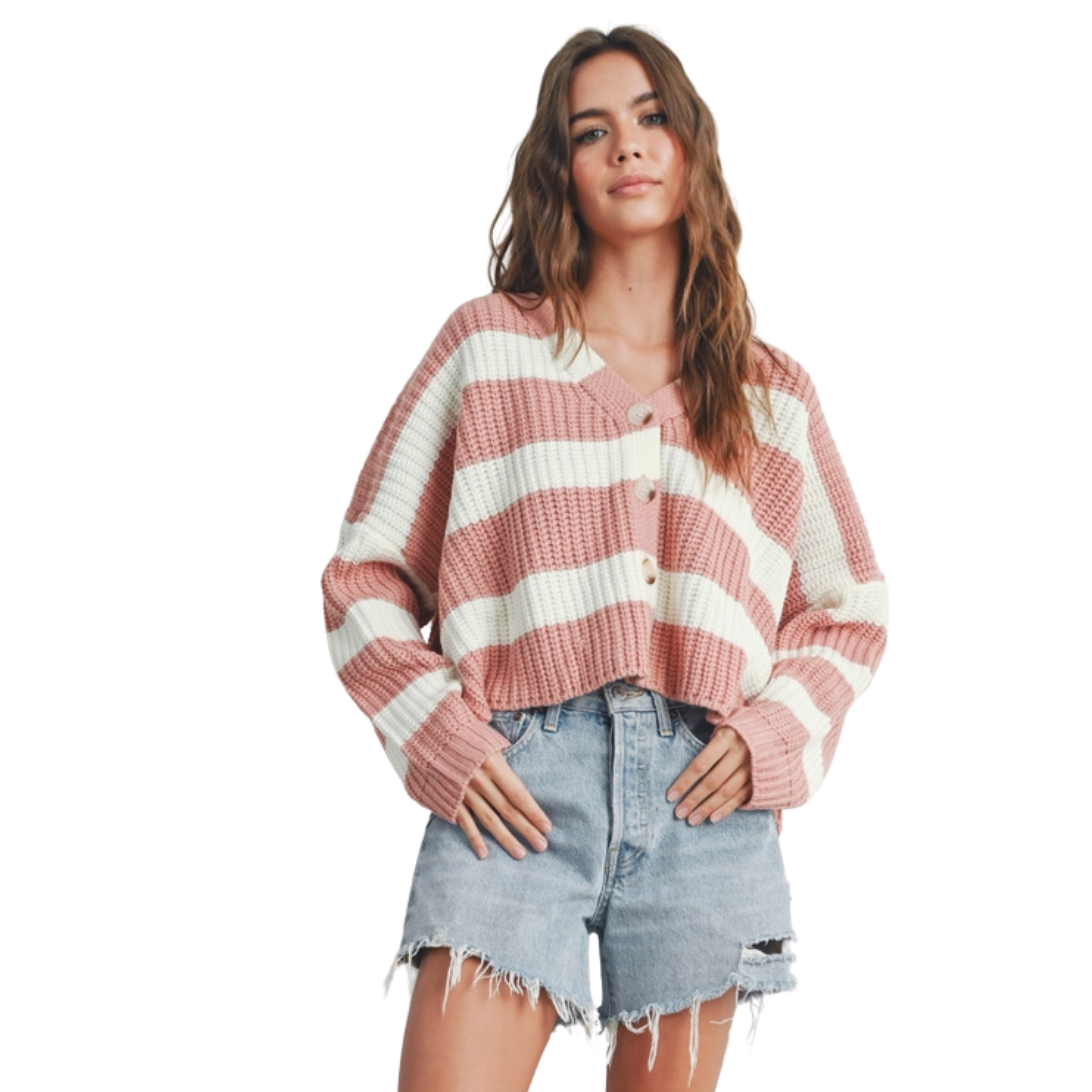 Image of Striped V-Neck Cardigan with Buttons