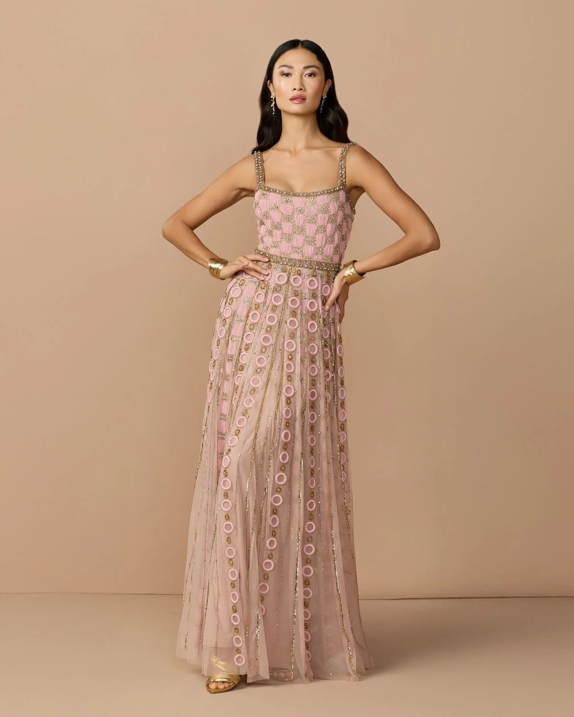 Image of Pink Sleeveless Embellished A-line Gown