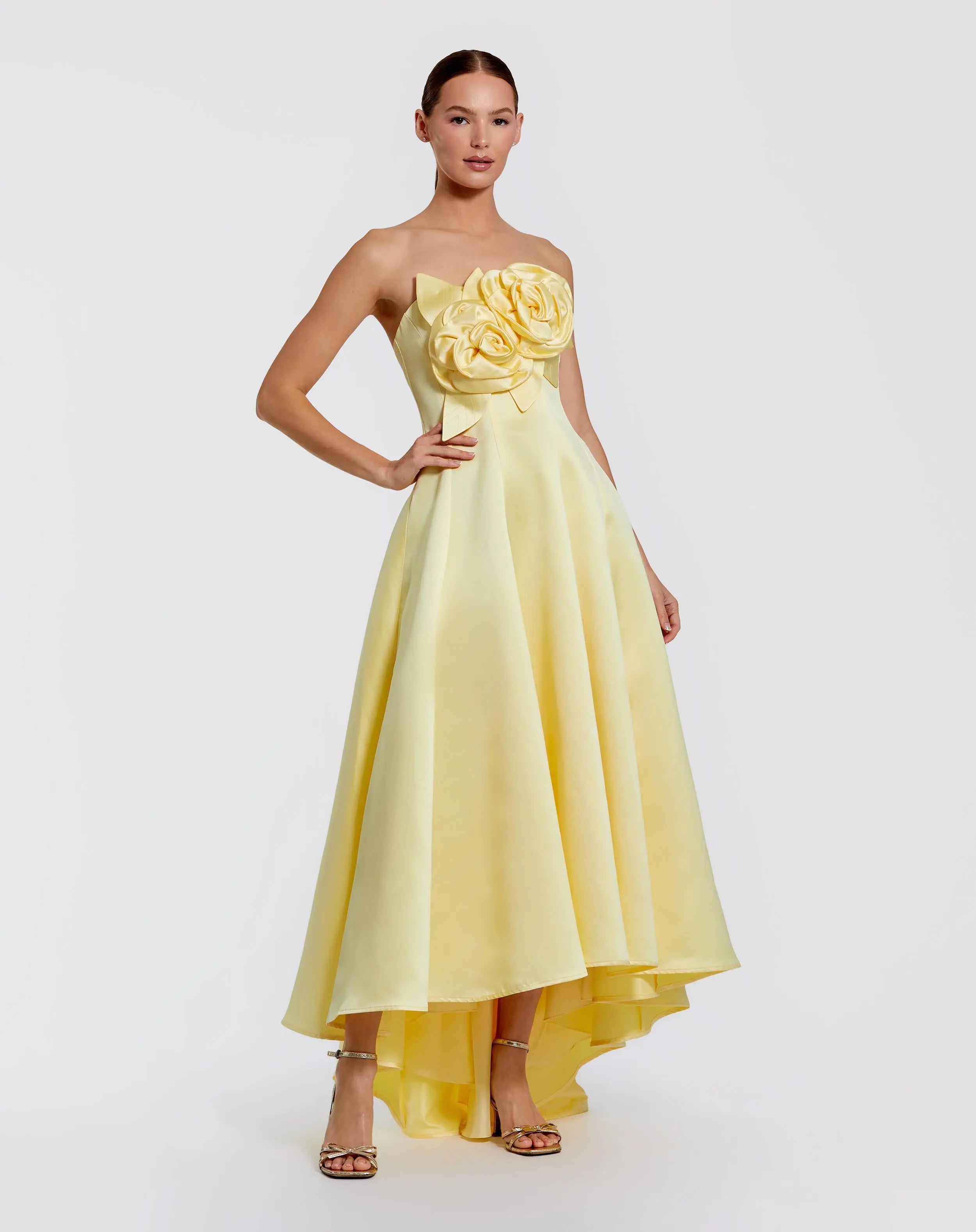 Image of Yellow Strapless Satin High Low Gown With 3D Flowers