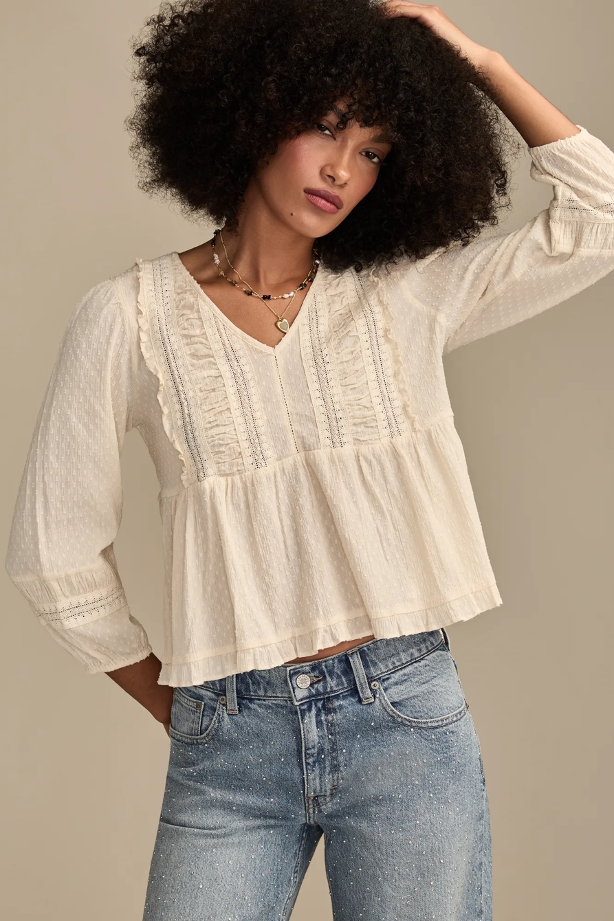 Image of Lucky Brand Long Sleeve Peplum Top - Women's Clothing Long Sleeve Tee Shirt Tops in Cream