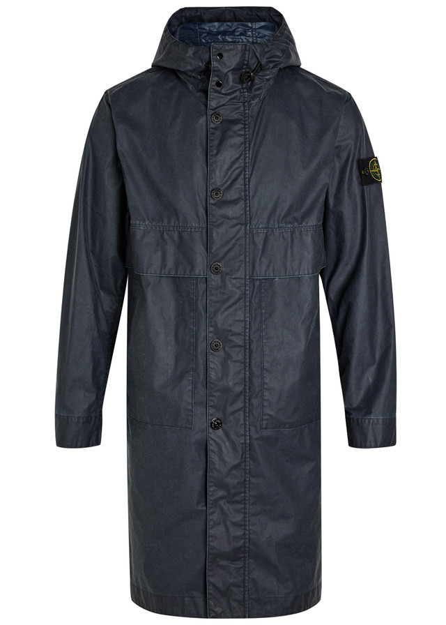 STONE ISLAND Long logo waxed cotton canvas coat