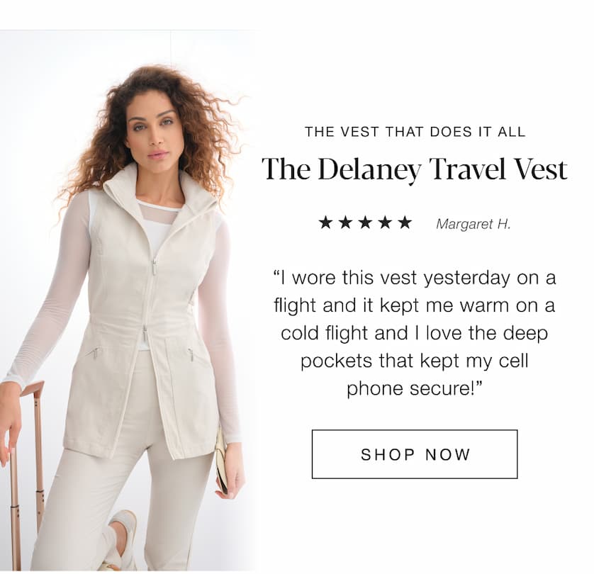 The Vest THat Does it All. The Delaney Travel Vest. SHOP NOW
