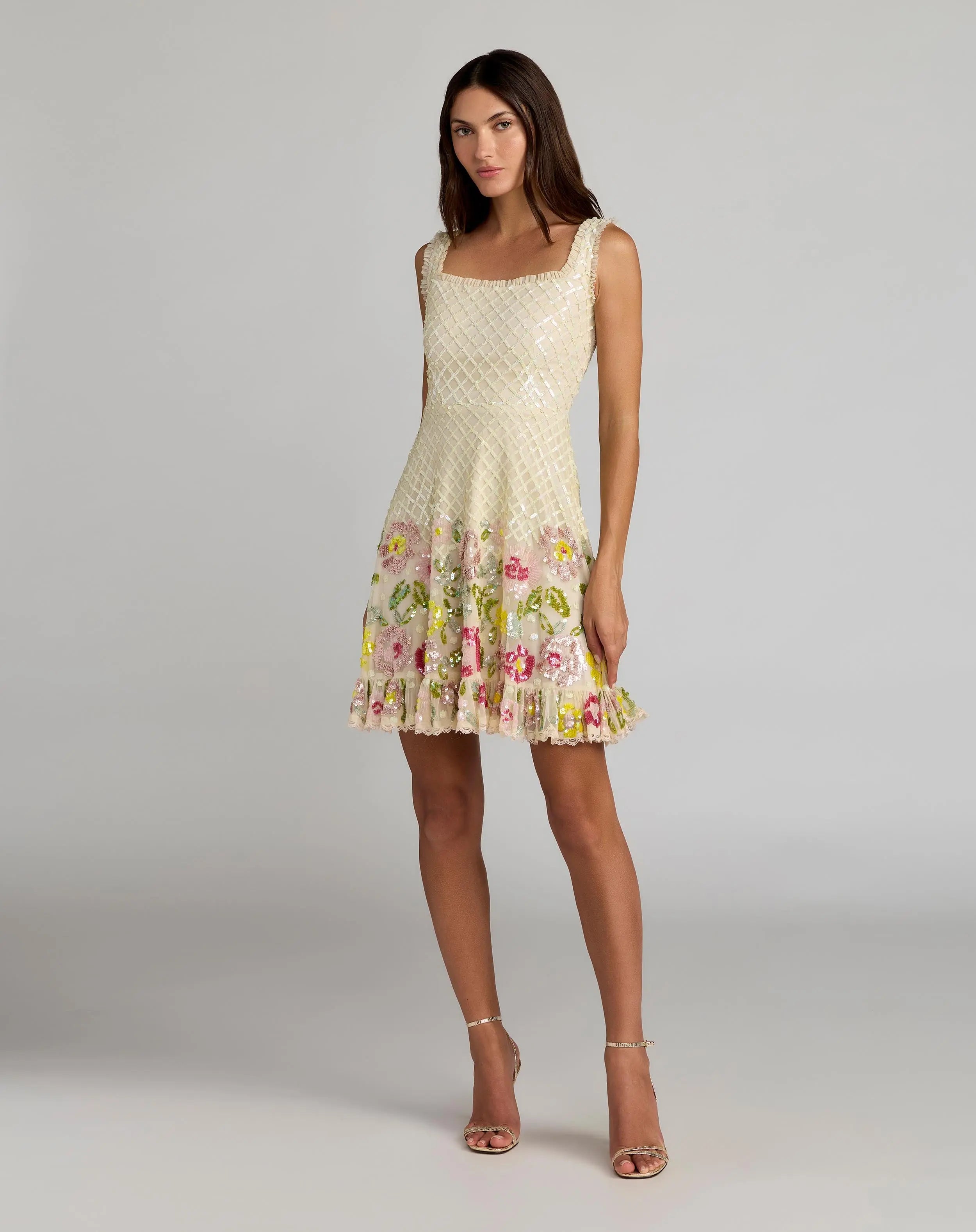 Image of Ivory Floral Sequin Square Neck Mini Dress