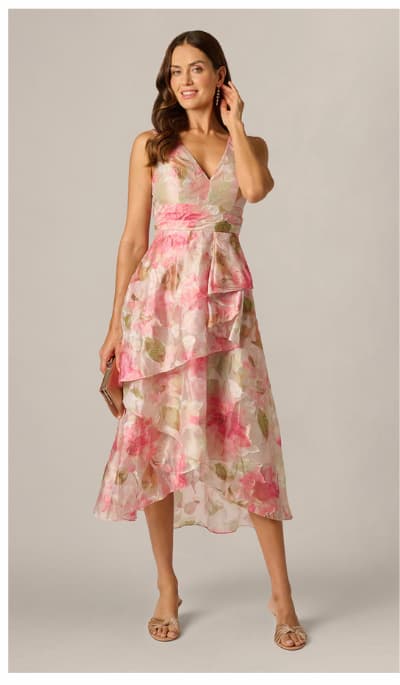 Floral Organza Cascade High Low Midi Dress In Sage Multi