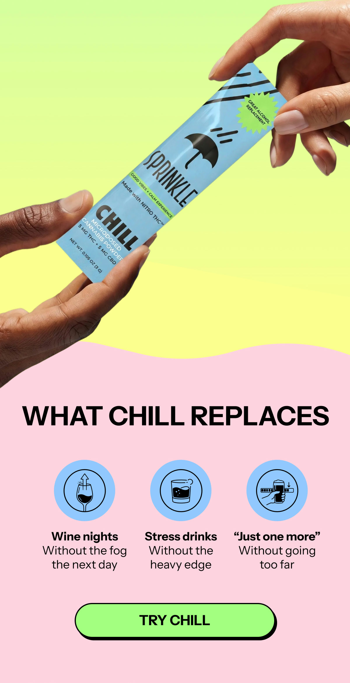 A hand holding a blue packet labeled 'Chill' against a gradient background.