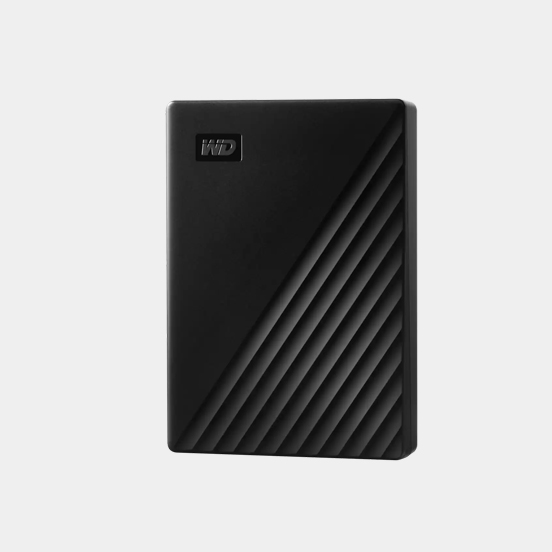 A dark blue WD My Passport external hard drive with a diagonal ridged design.