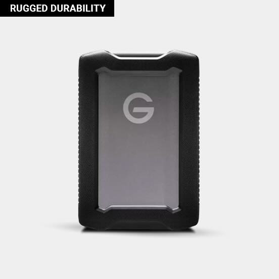 A rugged, black and gray G-Technology external hard drive.