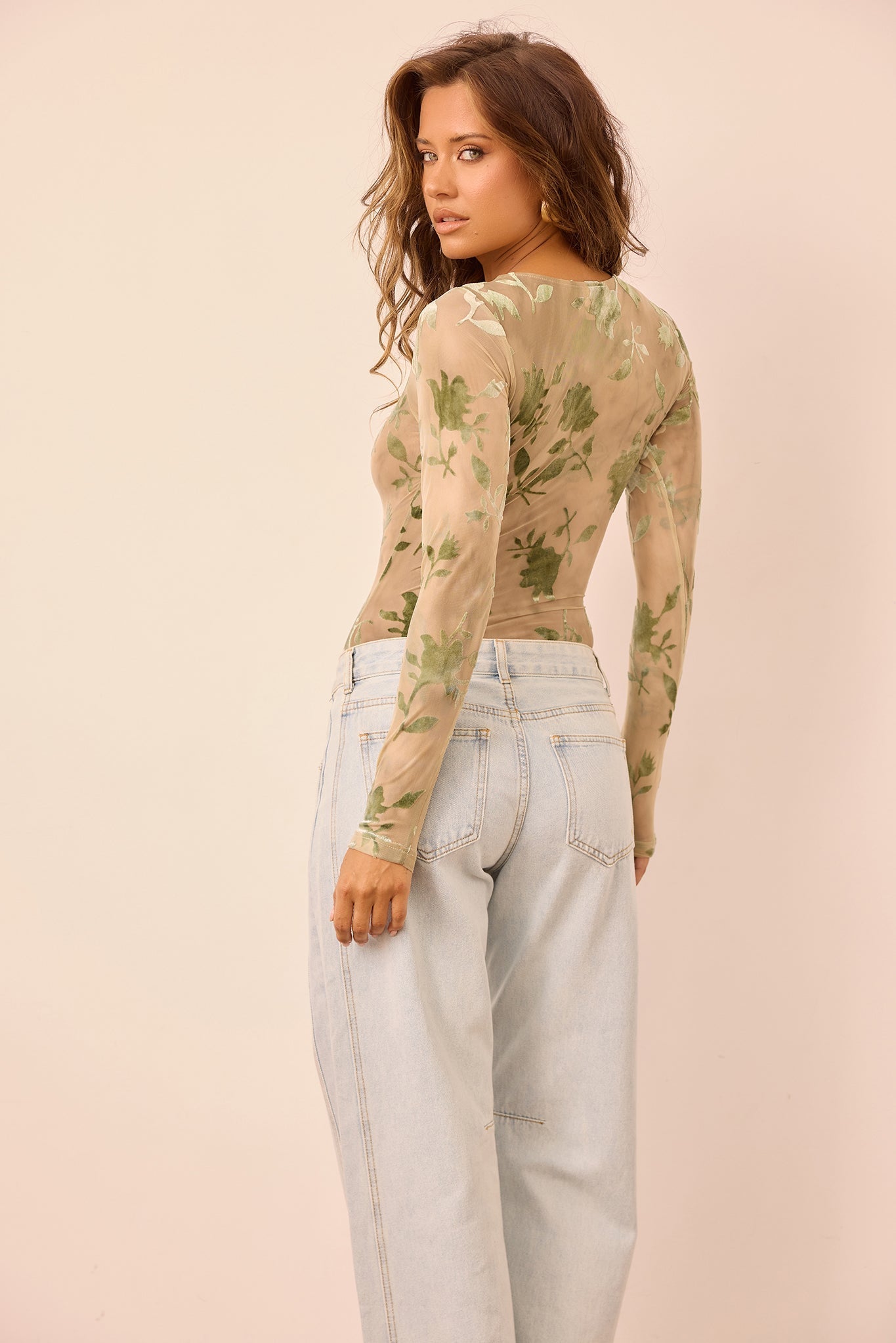 Image of Petal Veil Flocking Mesh Bodysuit - Olive